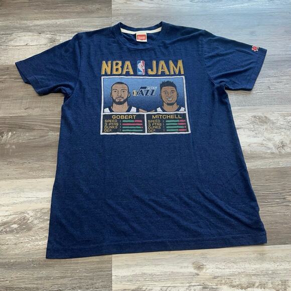 2020 NBA Jam Utah Jazz‎ Gobert Mitchell Homage Blue mens S Basketball T-Shirt - Picture 2 of 10